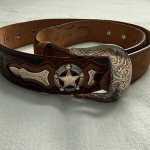 Justin Odessa Star Silver Texas Ranger Brown Leather Belt Vtg 1994 Size 36